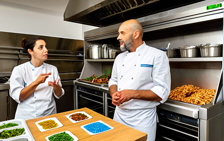 2"
---
**Image Prompt 2: Circular Economy Consultant in Action**
"A diverse, professional sustainability consultant, dressed smartly yet practically, engages in a discussion with a chef or restaurant owner inside a bustling, modern kitchen in Braga, Portugal. They are actively demonstrating how to implement circular economy principles, perhaps pointing to organized recycling bins or repurposed food containers. The environment conveys efficiency, reduced waste, and a commitment to environmental consciousness. Natural lighting. --ar 16:9 --v