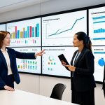 A diverse group of professional adults, fully clothed in modest business attire, collaborating in a modern, minimalist co-working space. Large interactive digital screens display dynamic data visualizations in the background. Two individuals are deeply engaged in conversation, one gesturing thoughtfully towards a screen, while others in the periphery are subtly collaborating in small groups. The scene is illuminated by soft, natural lighting, creating an atmosphere of focused connection and innovation. Perfect anatomy, correct proportions, natural pose, well-formed hands, proper finger count, natural body proportions. Professional photography, high-resolution, ultra detail, 8K. safe for work, appropriate content, fully clothed, professional.