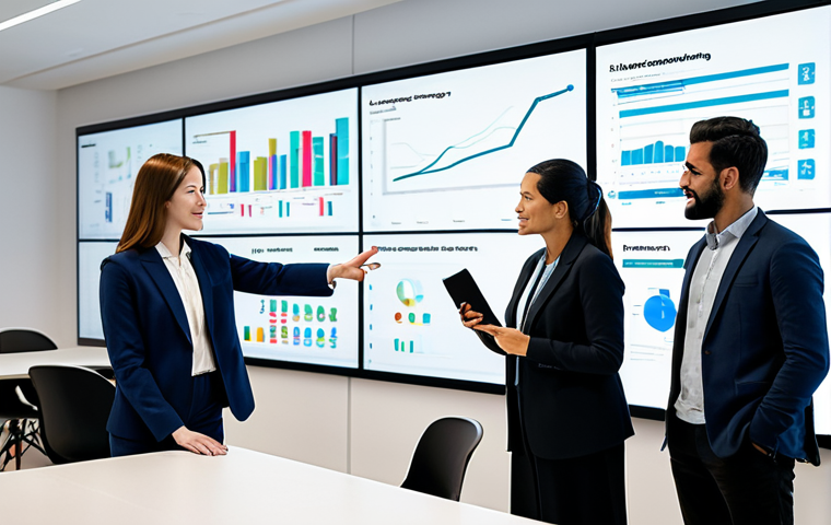 A diverse group of professional adults, fully clothed in modest business attire, collaborating in a modern, minimalist co-working space. Large interactive digital screens display dynamic data visualizations in the background. Two individuals are deeply engaged in conversation, one gesturing thoughtfully towards a screen, while others in the periphery are subtly collaborating in small groups. The scene is illuminated by soft, natural lighting, creating an atmosphere of focused connection and innovation. Perfect anatomy, correct proportions, natural pose, well-formed hands, proper finger count, natural body proportions. Professional photography, high-resolution, ultra detail, 8K. safe for work, appropriate content, fully clothed, professional.