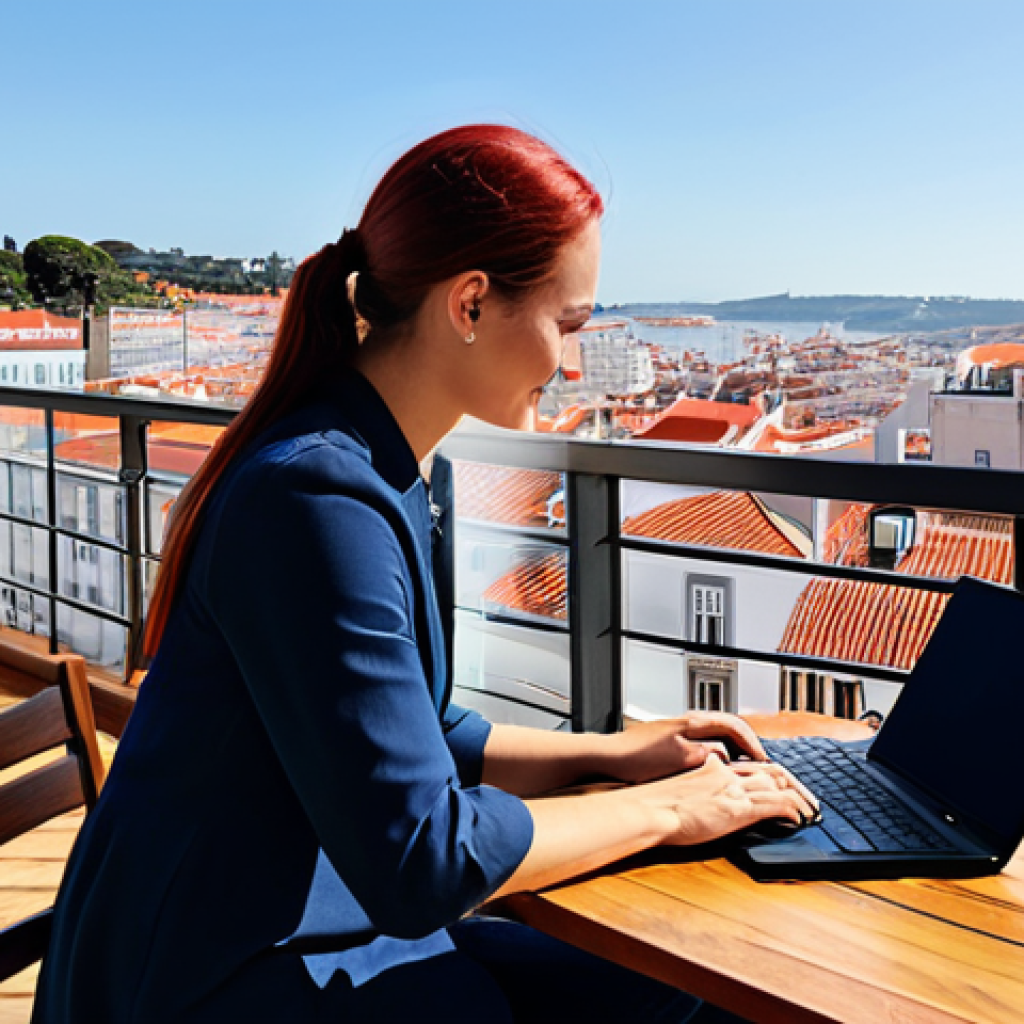A professional digital nomad wearing a modest, stylish, yet comfortable outfit, working on a laptop at a sleek wooden table on a bright, sunny balcony overlooking the iconic red roofs of Lisbon, Portugal. The setting conveys both productivity and a sense of global connectivity. perfect anatomy, correct proportions, natural pose, well-formed hands, proper finger count, natural body proportions, professional photography, high quality, safe for work, appropriate content, fully clothed, professional dress, family-friendly.
