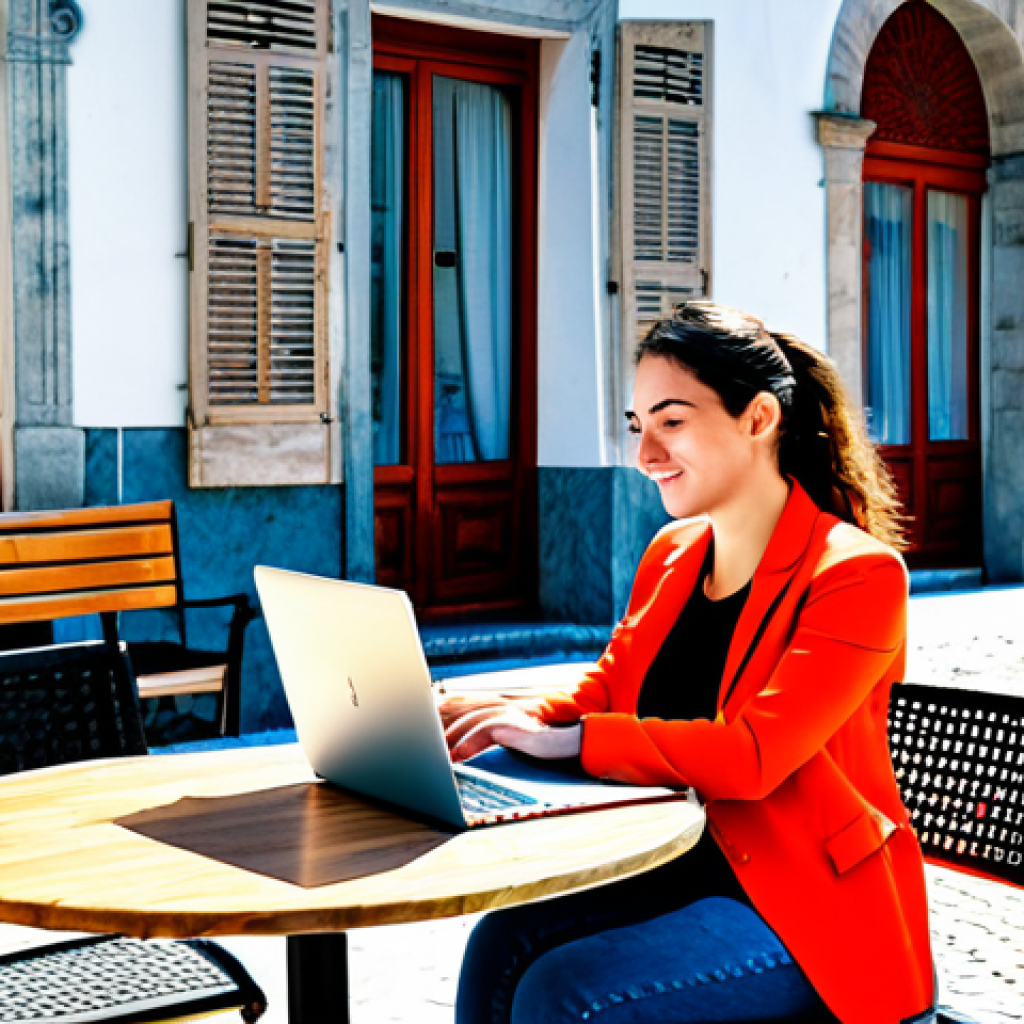 **Digital Nomad Lifestyle:** "A fully clothed professional woman working on a laptop at an outdoor cafe in Lisbon, Portugal, with traditional Portuguese architecture in the background, safe for work, appropriate content, professional, perfect anatomy, natural proportions, modest clothing, sunny day, high quality."