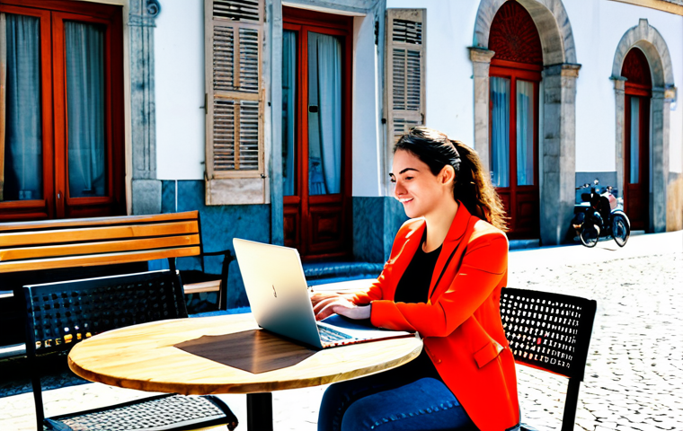 **Digital Nomad Lifestyle:** "A fully clothed professional woman working on a laptop at an outdoor cafe in Lisbon, Portugal, with traditional Portuguese architecture in the background, safe for work, appropriate content, professional, perfect anatomy, natural proportions, modest clothing, sunny day, high quality."