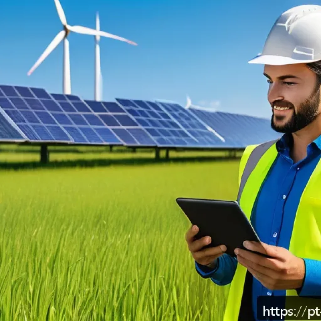 신흥 직업군의 직업 전망 분석 - A professional renewable energy engineer wearing safety gear and a high-visibility vest, inspecting ...