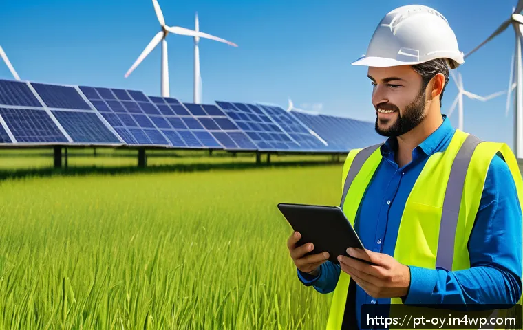 신흥 직업군의 직업 전망 분석 - A professional renewable energy engineer wearing safety gear and a high-visibility vest, inspecting ...